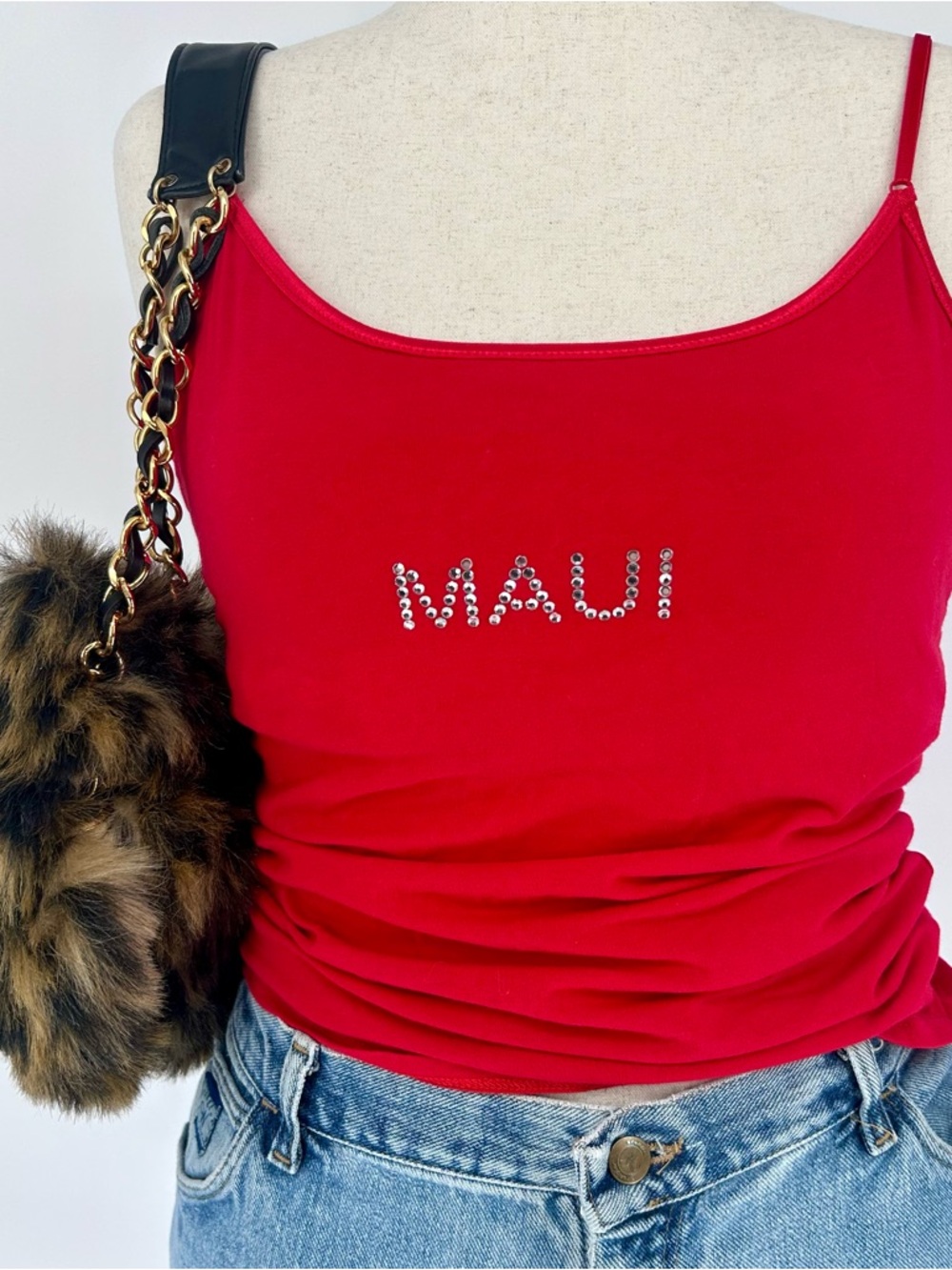 Red Maui Rhinestone Tank Top Y2K Stretch Cami Adjustable Straps XL